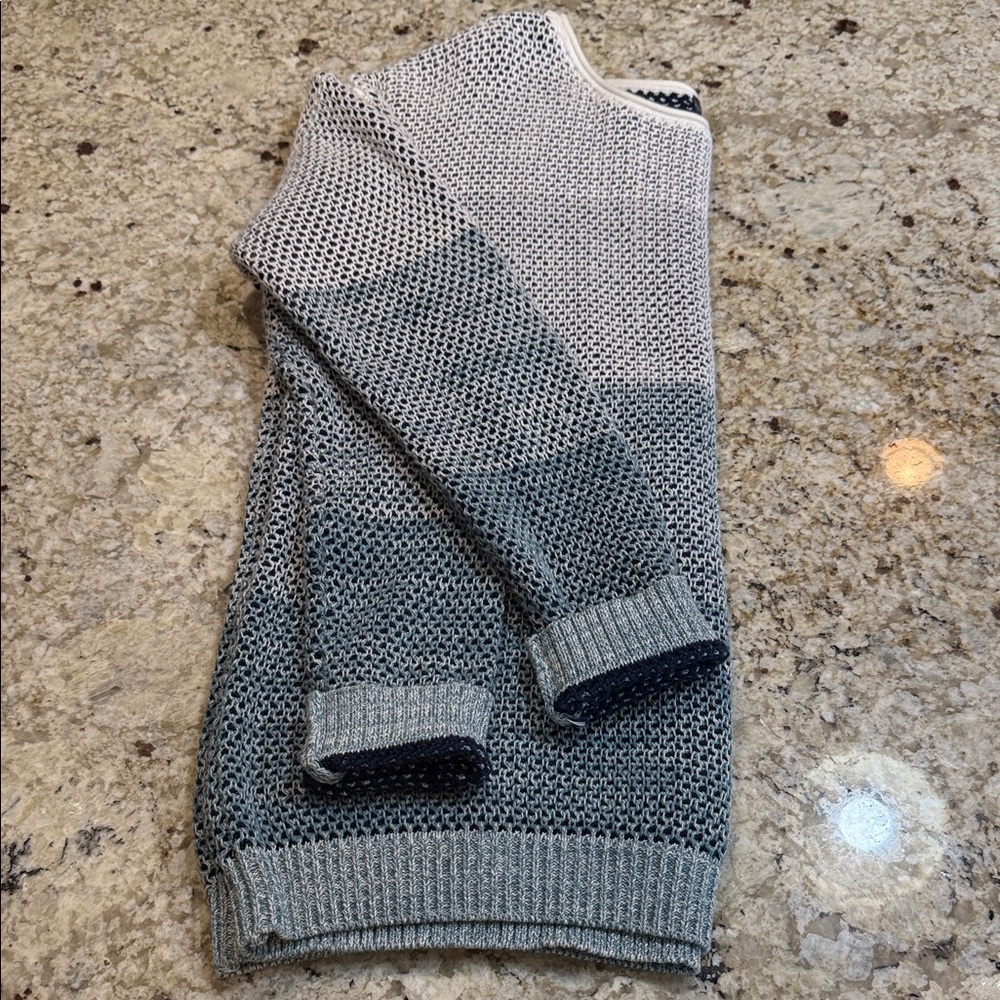 Vince Open Knit Colorblock Cotton Sweater Size L Blue Ivory - Picture 6 of 9